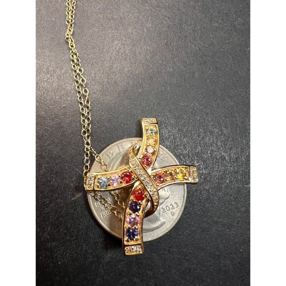 NEW Rainbow sapphire curved cross pendant and chain in gold over sterling silver - Picture 2 of 13